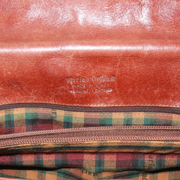 Marino Orlandi Brown Leather Flap Studded Plaid Lined Crossbody Purse Handbag - Picture 10 of 12